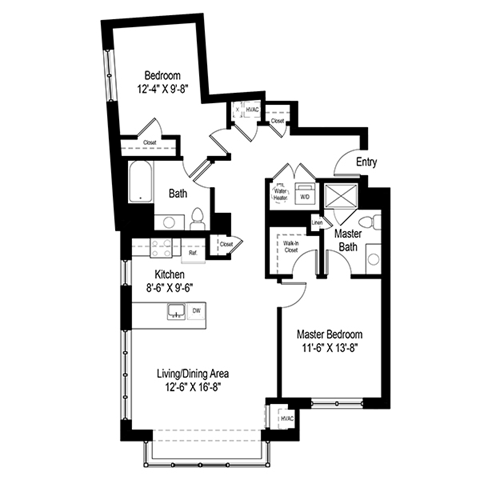 Floor plan for 2 beds, 2 baths, 1214 sqft